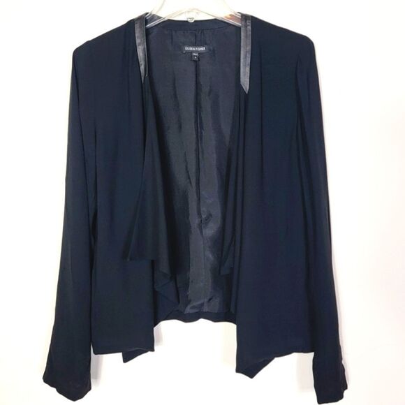 Eileen Fisher 100% Silk Chiffon Drape Front Blazer Leather Trim Black Small - Picture 1 of 12
